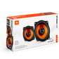 JBL STAGE1 52F Lautsprecher: Zwei orange-schwarze Lautsprecher, einfach zu installieren – ideal für kleine Fahrzeuge, präsentiert vor weißem Hintergrund.