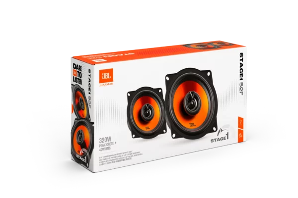JBL STAGE1 52F Lautsprecher: Zwei orange-schwarze Lautsprecher, einfach zu installieren – ideal für kleine Fahrzeuge, präsentiert vor weißem Hintergrund.