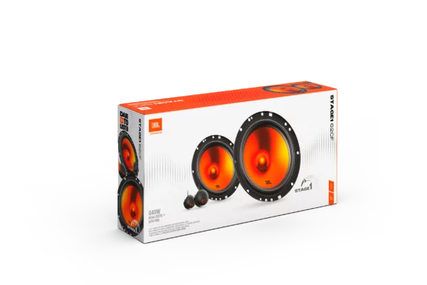 Weiße JBL STAGE1 62CF-Autolautsprecherbox mit Abbildungen von drei Lautsprechern und Produktdetails – ideal für jedes Lautsprecherset oder 2-Wege-Komponentensystem.