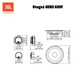 Technische Zeichnung des JBL STAGE1 62CF, eines 2-Wege-Komponentensets, mit Ansichten von vorne, von der Seite und von hinten sowie Maßangaben. Enthält die Logos von JBL und Harman.