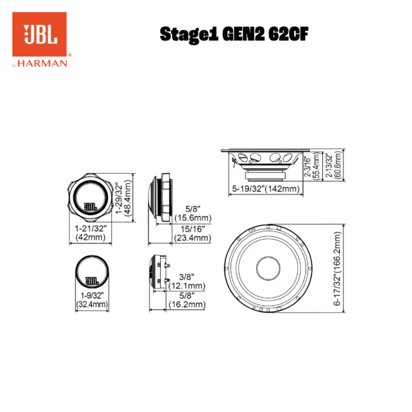 Technische Zeichnung des JBL STAGE1 62CF, eines 2-Wege-Komponentensets, mit Ansichten von vorne, von der Seite und von hinten sowie Maßangaben. Enthält die Logos von JBL und Harman.