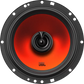 Ein runder JBL STAGE1 62F-Autolautsprecher mit schwarzem Rand, orangeroter Membran, zentralem Hochtöner und Befestigungslöchern am Rand.
