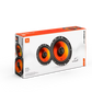 Verpackung des JBL STAGE1 62F mit zwei runden, orange-schwarzen Autolautsprechern auf der Vorderseite vor weißem Hintergrund.