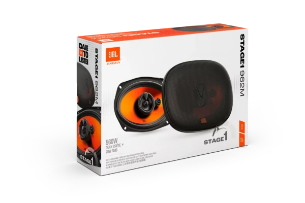 JBL STAGE1 962M Autolautsprecherbox mit Produktbild, JBL-Logo, technischen Daten zum 3-Wege-System, einer Spitzenleistung von 360 W und dem Harman-Logo auf weißem Hintergrund.