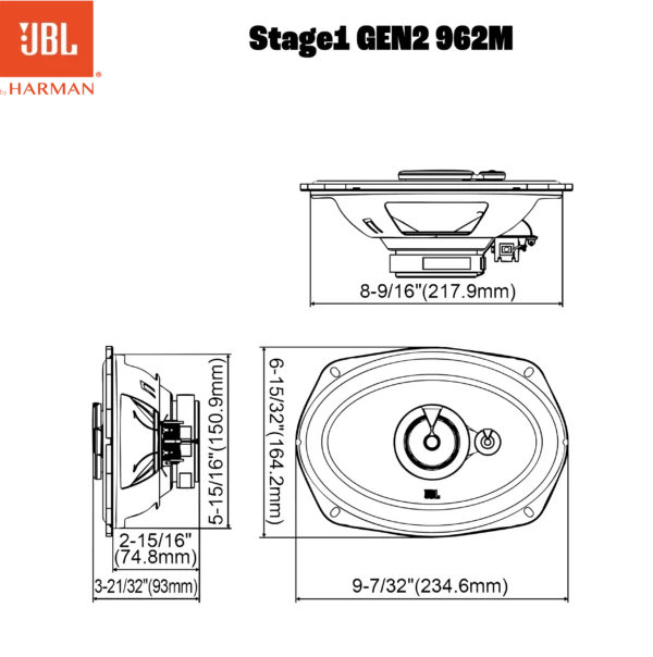 Technische Zeichnung des JBL STAGE1 962M mit Vorder-, Seiten- und Draufsicht; 3-Wege-System: 8-9/16 x 6-15/32 x 2-15/16.