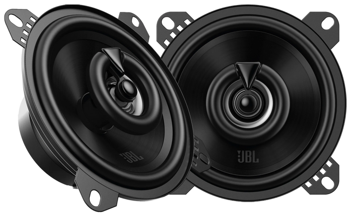 Ein Paar schwarze JBL STAGE2 45F-Koaxial-Autolautsprecher mit sichtbaren Membranen und Befestigungshaltern, nebeneinander auf weißem Hintergrund abgebildet.