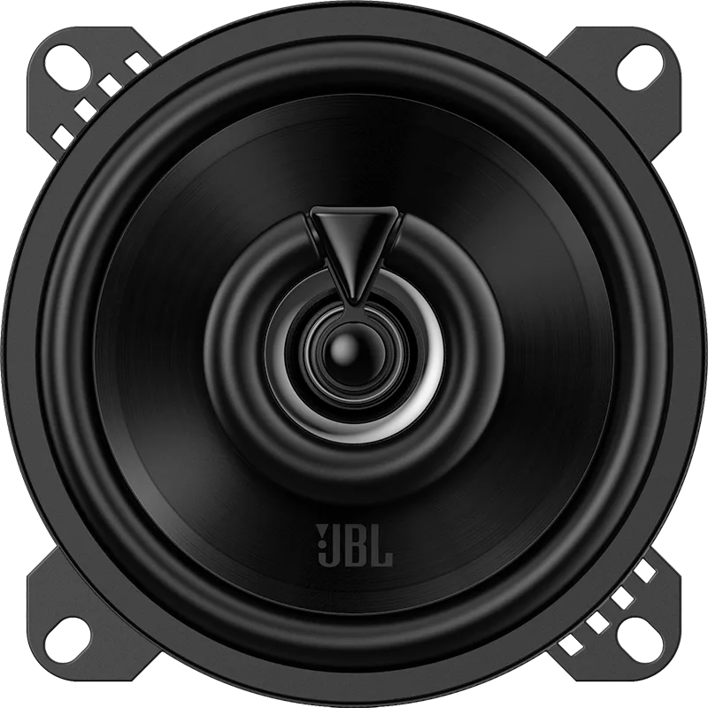 Ein schwarzer, runder JBL STAGE2 45F-Autolautsprecher mit vier Halterungen, von oben betrachtet, wobei die zentrale Membran und der 2-Wege-Koaxialaufbau besonders hervorstechen.