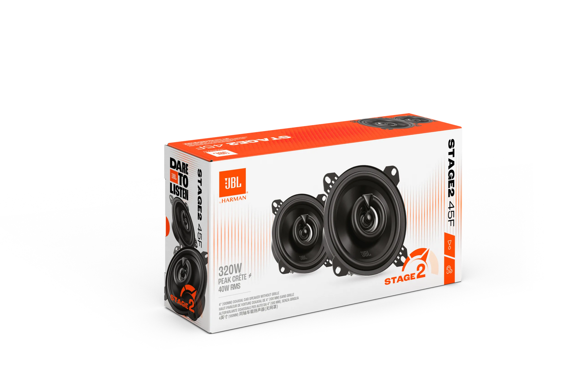 Emballage des enceintes JBL STAGE2 45F à conception coaxiale à 2 voies, avec des photos du produit, le logo de la marque et des détails, le tout sur un élégant fond blanc.