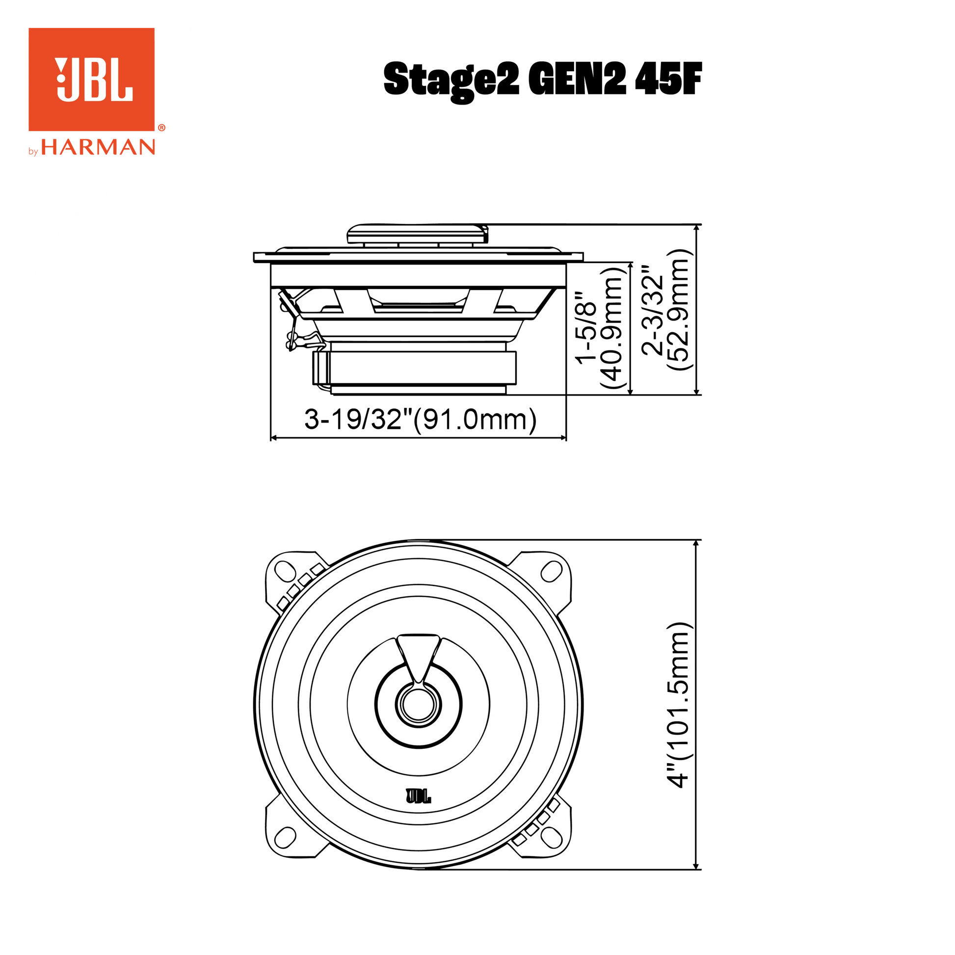 Technische Zeichnung des JBL STAGE2 45F: Vorder- und Seitenansichten, Maße in Zoll und mm. Idealer Lautsprecher für Kleinwagen.