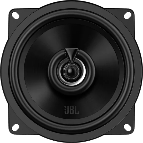Altavoz coaxial para coche JBL STAGE2 55F de color negro, visto desde arriba con una membrana redonda, una cúpula central y orificios de fijación en las esquinas del marco cuadrado.