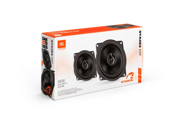 JBL STAGE2 55F Koaxiallautsprecher, Plus-One-Tieftöner, 400 W Spitzenleistung. Zwei Lautsprecher auf weißem Hintergrund abgebildet.