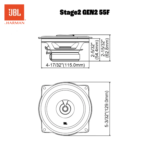 Schematische Darstellung des JBL STAGE2 55F-Koaxiallautsprechers mit Vorder- und Seitenansicht sowie Maßangaben in Zoll und Millimetern.