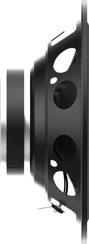 Seitenansicht eines schwarzen JBL STAGE2 65C-Lautsprechers mit runden Aussparungen und freiliegenden Kabeln an der Unterseite, vor einem hellen Hintergrund.