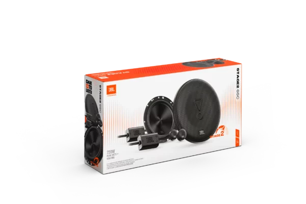JBL STAGE2 65C Komponentenlautsprecher-Set mit Abbildungen der Autolautsprecher und des Zubehörs auf weißem Hintergrund.