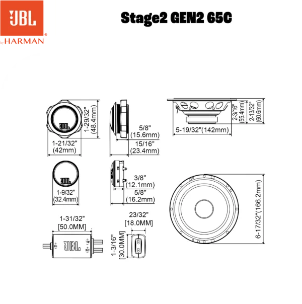 Technische Zeichnung für den JBL STAGE2 65C von JBL mit detaillierten Maßen für jeden Lautsprecher, wie Durchmesser, Einbautiefe und Befestigungsangaben.