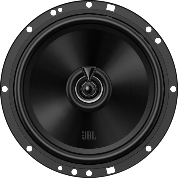 Der JBL STAGE2 65F ist ein schwarzer, runder Lautsprecher mit einer zentralen Membran und einer „Plus One“-Tieftönermembran, der hier von vorne vor einem einfarbigen Hintergrund abgebildet ist.