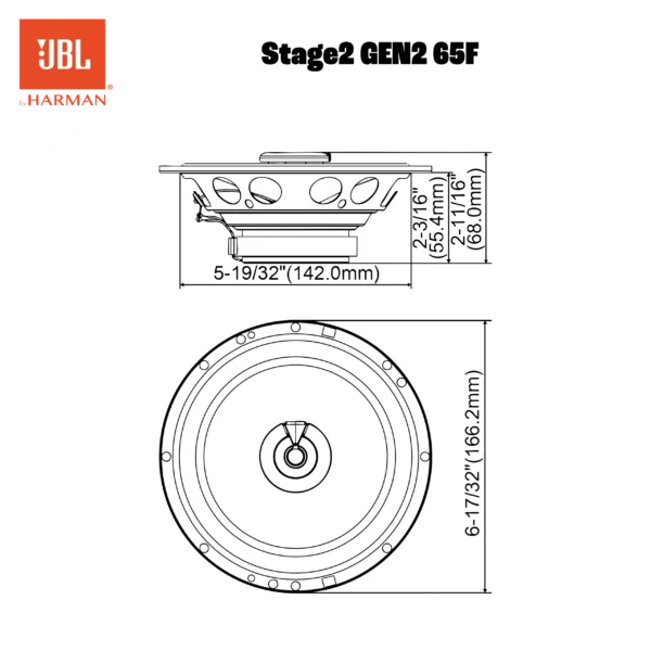 Technische tekening van de JBL STAGE2 65F 16,5 cm coaxiale luidspreker en de Plus One-woofer, zijaanzicht en vooraanzicht met vermelding van de belangrijkste afmetingen.