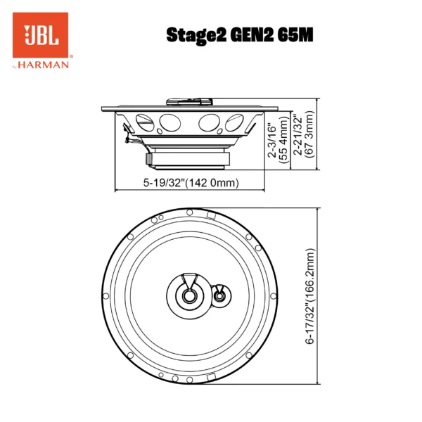 Technische Zeichnung des JBL STAGE2 65M mit Vorder- und Seitenansicht, mit detaillierten Maßen in Zoll und Millimetern.