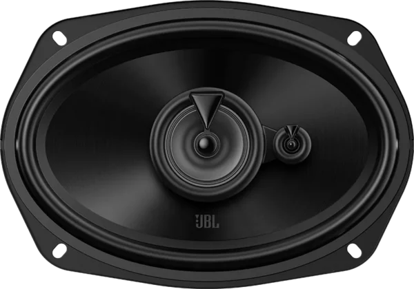 JBL STAGE2 965M – ovaler, schwarzer Autolautsprecher mit zwei zentral angeordneten Hochtönern, freiliegender Membran und vier Befestigungslöchern, von oben auf weißem Hintergrund gesehen.