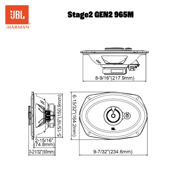 Schematische Darstellung des 3-Wege-Koaxiallautsprechers JBL STAGE2 965M mit Vorder- und Seitenansicht, mit detaillierten Abmessungen in Zoll und mm.