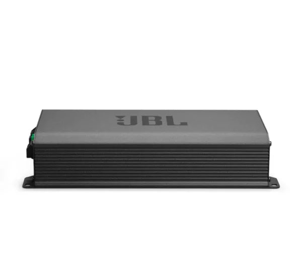 Ein schwarzer JBL STAGE GT 50011 Mono-Verstärker mit geriffelter, rechteckiger Front und JBL-Logo auf der Oberseite; ideal als Subwoofer-Verstärker.