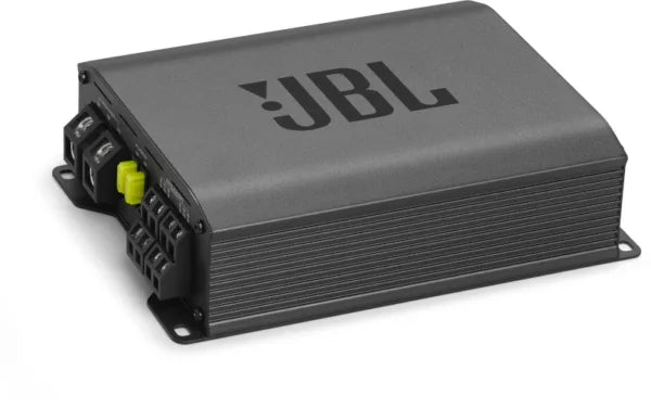 Ein schwarzer, rechteckiger 4-Kanal-Verstärker vom Typ JBL STAGE GT 60041 mit geripptem Metallgehäuse, sichtbaren Anschlüssen und einem JBL-Logo auf der Oberseite.