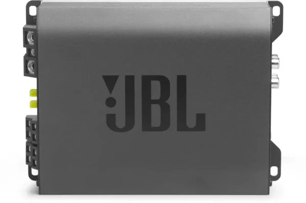 Ein grauer 4-Kanal-Verstärker vom Typ JBL STAGE GT 60041 ist von oben zu sehen; an den Seiten sind die Ein- und Ausgänge zu erkennen.