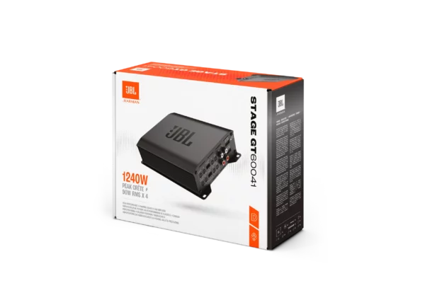 JBL STAGE GT 60041 Auto-Verstärkerbox, weiß mit orangefarbenen Akzenten; zeigt Produktbild, technische Daten und eine Spitzenleistung von 1240 Watt.