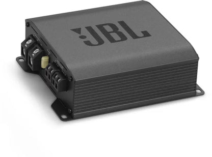 Rechteckiger schwarzer JBL STAGE GT 80021-Verstärker mit abgerundeten Kanten, seitlichen Lüftungsöffnungen und Schraubbefestigungen – ideal zur Aufrüstung jedes Auto-Soundsystems.