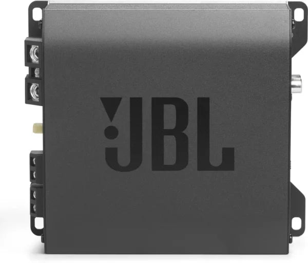 Der JBL STAGE GT 80021 ist ein schwarzer, rechteckiger 2-Kanal-Verstärker mit seitlichen Lüftungsöffnungen und dem JBL-Logo – ideal für jedes Auto-Soundsystem.