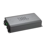 Auf weißem Hintergrund ist ein rechteckiger JBL STAGE GT 90041-Autoverstärker mit grauem Gehäuse und Endanschlüssen abgebildet.