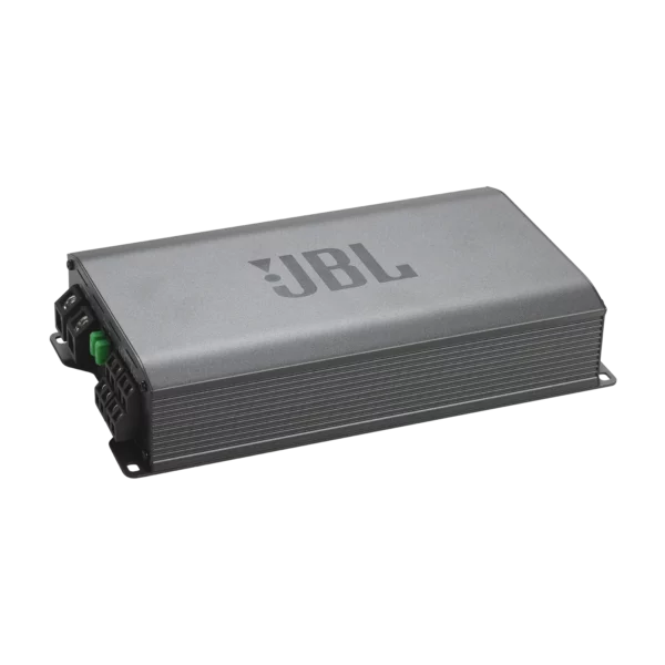 Auf weißem Hintergrund ist ein rechteckiger JBL STAGE GT 90041-Autoverstärker mit grauem Gehäuse und Endanschlüssen abgebildet.
