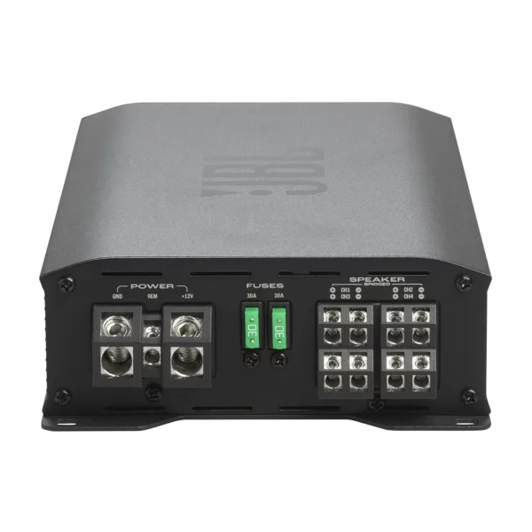 JBL STAGE GT 90041 4-Kanal-Autoverstärker Rückansicht mit Strom-, Sicherungs- und Lautsprecheranschlüssen – ideal für Auto-Audiosysteme.