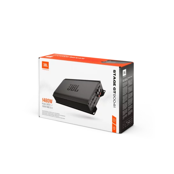JBL STAGE GT 90041 4-Kanal-Verstärkerbox mit Produktbild und Details auf weißem Hintergrund.