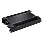 Un amplificador de audio para coche Kicker Warhorse Series 49WXA10004 negro con detalles plateados y terminales de cableado visibles.