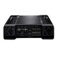 Un amplificador de audio para coche de 4 canales Kicker Warhorse Series 49WXA10004 negro, vista posterior, con una potencia RMS de 450 W y terminales de cable de altavoz etiquetados para múltiples conexiones.