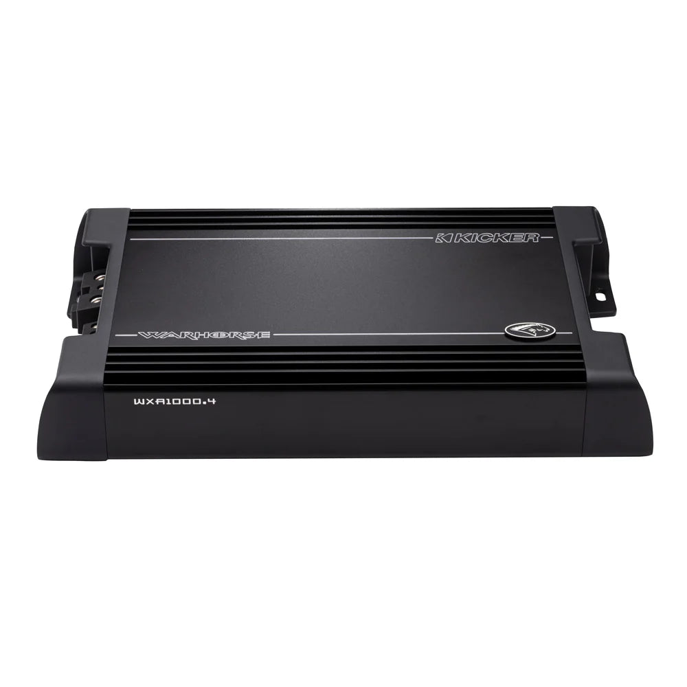 Un amplificador Kicker Warhorse Series 49WXA10004 negro con detalles plateados y su número de modelo impreso en el panel frontal.