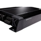 Primer plano de un amplificador negro Kicker Warhorse Series 49WXA10004 de 4 canales, mostrando los puertos de conexión y la etiqueta de 2000 vatios en la carcasa.
