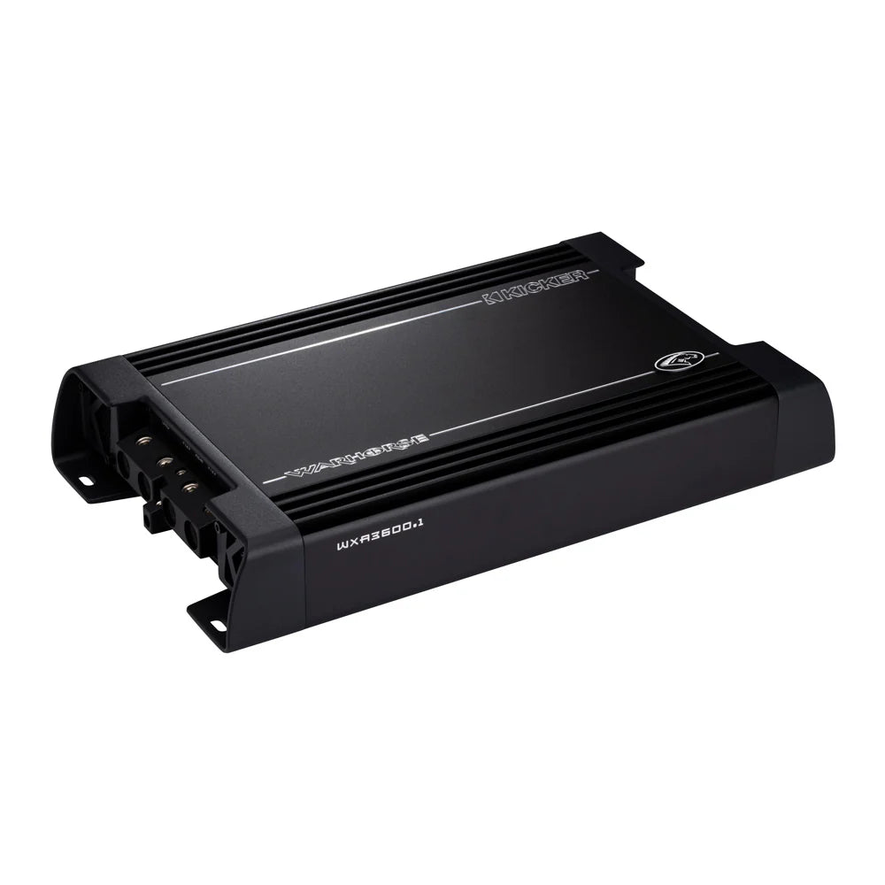 Der Kicker Warhorse Series 49WXA36001 ist ein schwarzer, rechteckiger 1-Kanal-Verstärker mit sichtbaren Anschlüssen und einer kraftvollen 3600 W RMS-Leistung.