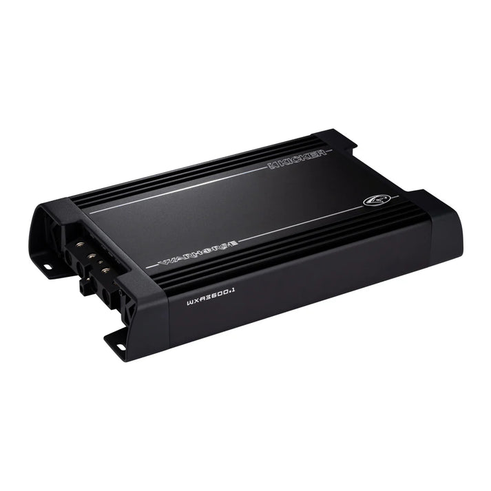 El Kicker Warhorse Series 49WXA36001 es un amplificador negro rectangular de 1 canal con terminales visibles y una potente salida RMS de 3600W.