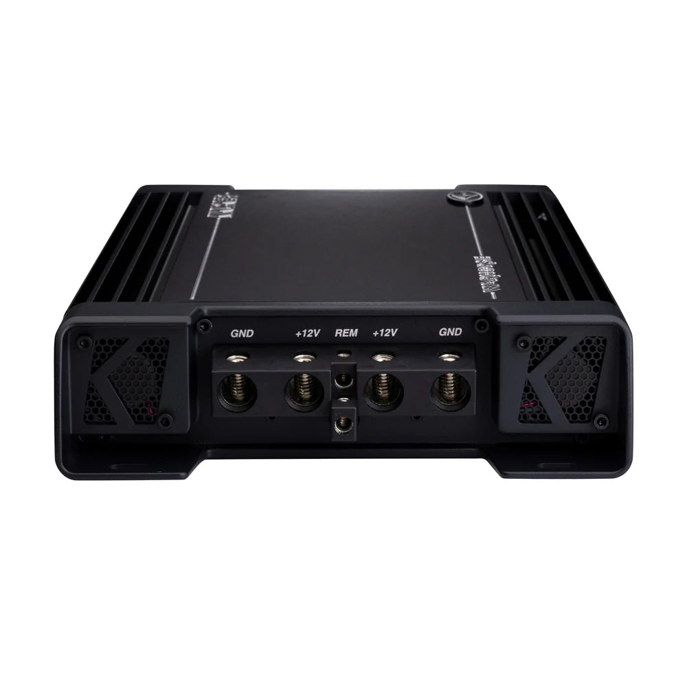 Amplificador de audio para coche de 1 canal Kicker Warhorse Series 49WXA36001, 3600W RMS, negro, se muestra con terminales GND, +12V, REM y placas terminales ventiladas de la marca K.