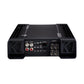 Un Kicker Warhorse Series 49WXA36001 negro, un Verstärker de 1 canal con 3600 vatios RMS, muestra conectores RCA de entrada/salida y mandos de control sobre un fondo blanco.