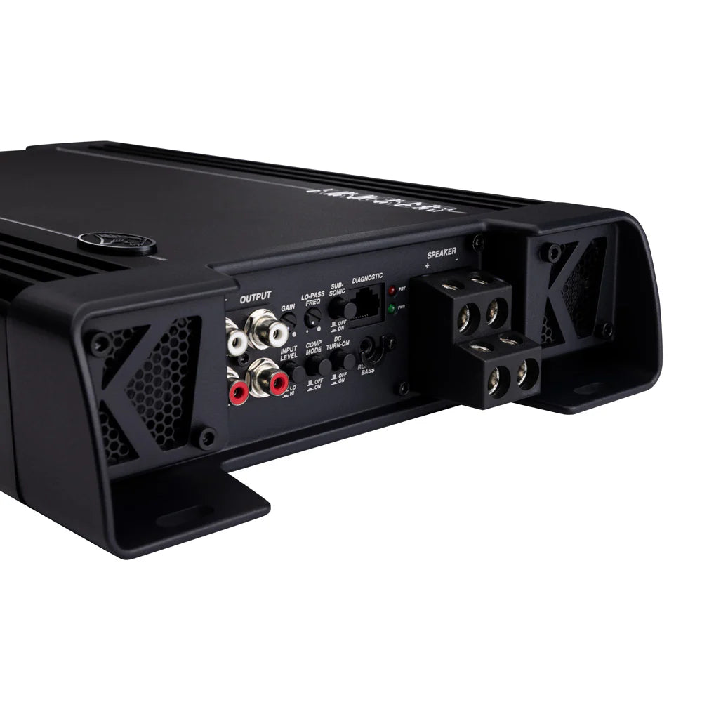 Amplificador de coche Kicker Warhorse Series 49WXA36001, 3600W RMS, canal mono con entradas RCA, controles de ganancia y terminales de cable de altavoz de un lado.