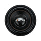 Nahaufnahme des Avatar Doomsday 15-Subwoofers mit schwarzer Strukturlackierung, sichtbaren Nähten und AVATAR-Logo in Weiß und Orange auf der Mittelmembran.