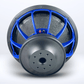 Vue arrière du caisson de basses GS Audio Platinum 4000 MK3 de 18 pouces, avec son cadre bleu, son aimant noir et ses multiples connexions – idéal pour les systèmes audio haute performance.
