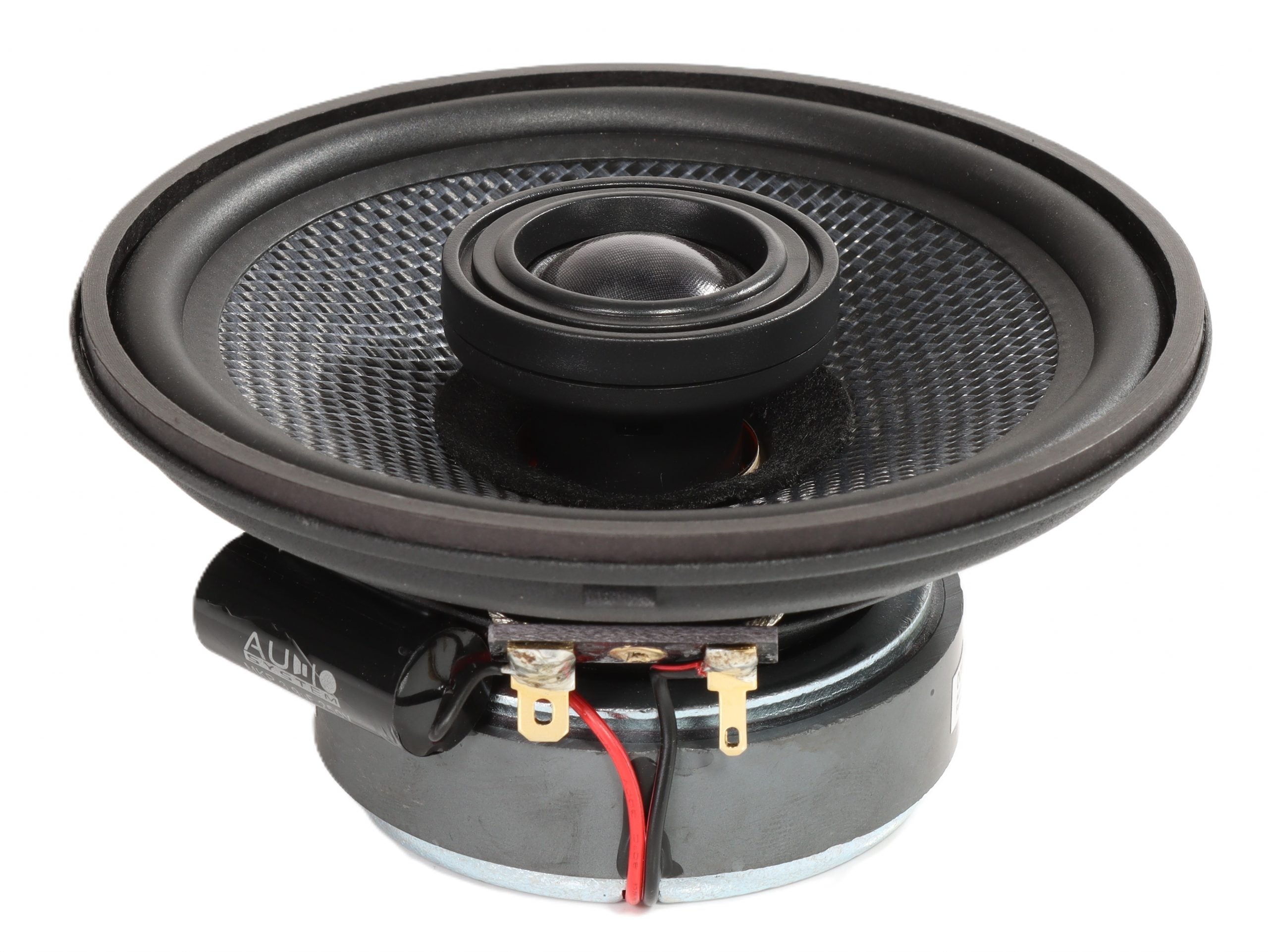 Eine Nahaufnahme eines schwarzen, runden Koaxiallautsprechers Audio System RXC120 EVO3 mit sichtbaren Kabeln und Anschlüssen an der Unterseite.