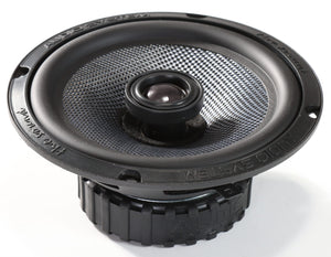 Audio System RXC165 EVO3: Black 6.5 coaxial car speaker, round grill, central dome, outer mounting holes, on white background.