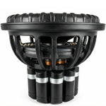 Vista lateral en primer plano del subwoofer de 15 Deaf Bonce Apocalypse DB-7.5K NEO, que muestra su imán de neodimio, su atrevido diseño industrial en negro y sus bobinas de metal y cobre a la vista.
