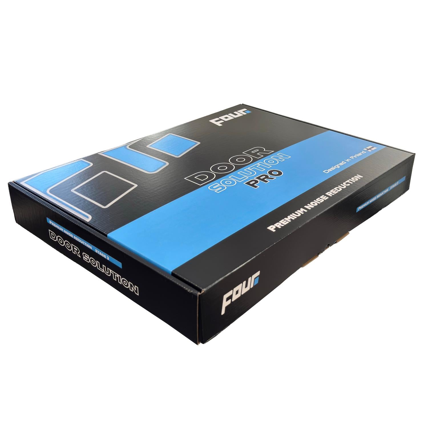 A black and blue box labeled S3-Door Solution PRO by Four Connect with premium noise reduction, ideal for Fahrzeugdämmung using Alubutyl Matten.