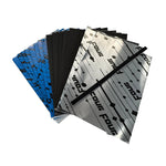 A fan of the S3-Door Solution PRO by Four Connect—rectangular blue, black, and silver Alubutyl matting for vehicle damping, with Four and circuit patterns on silver sheets.